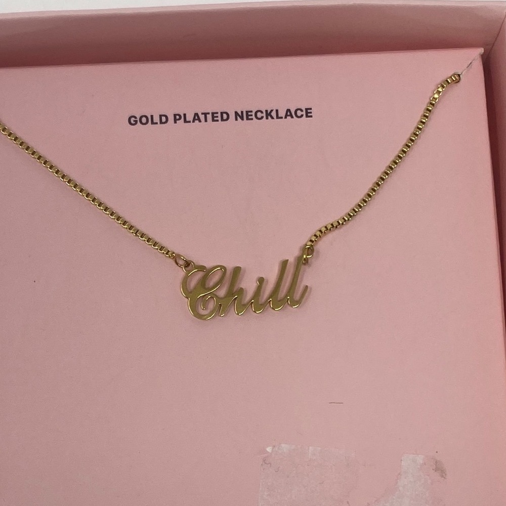 Candier "Chill" Script Necklace Gold Plated Fashion Jewelry New in Box